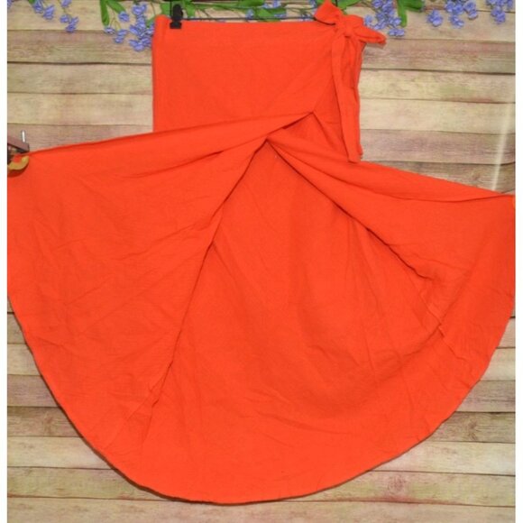 Mud Pie Ladies Red Orange Pull On Midi Skirt Size L Gauzy Cotton Faux Wrap - Picture 6 of 9